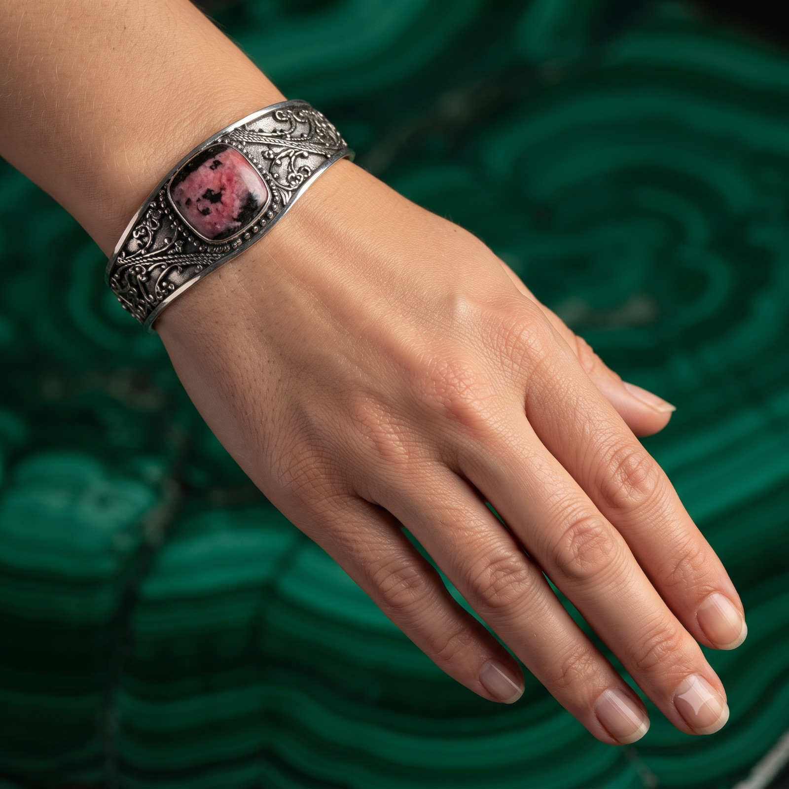 Sterling Silver Natural Rhodonite Boho Handcrafted Sister Artisan Cuff Jewelry