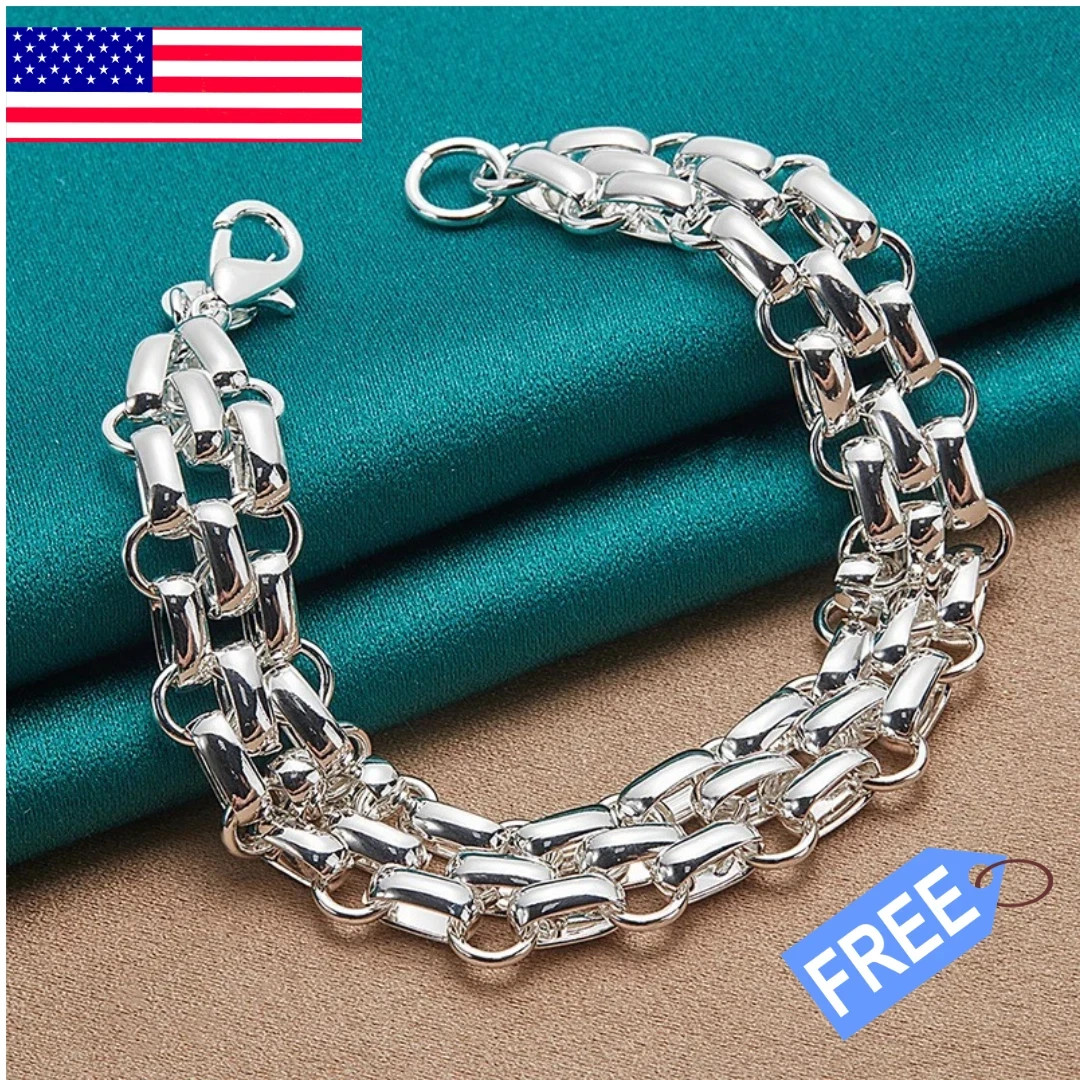 925 Sterling Silver Women Lnterlocking Circle Bracelet Chain Fashion Jewelry