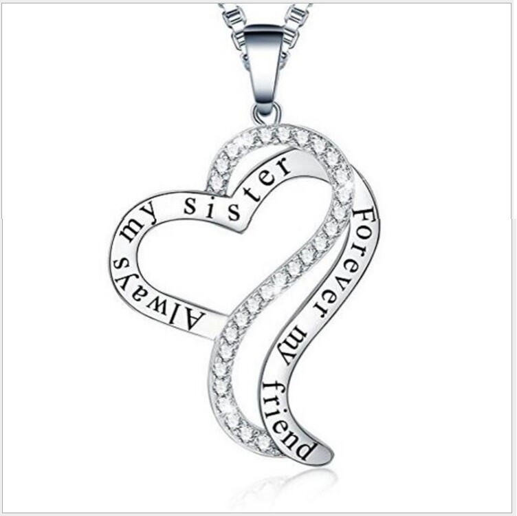 Always My Sister Forever My Friend Love Heart CZ Pendant Necklace Jewelry Box S2