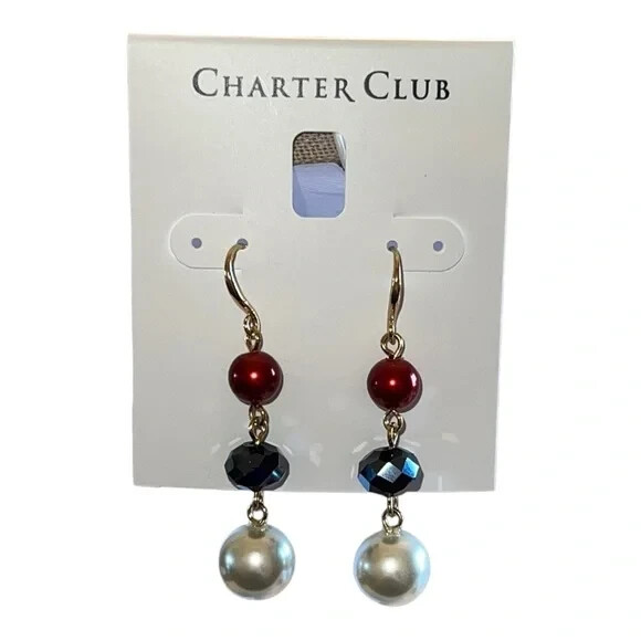 Charter Club Gold-Tone Bead Imitation Pearl Multicolor Red White Blue Earrings