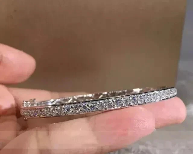 Real Moissanite 6.00CT Round Cut Bangle Bracelet 14K White Gold Plated Silver