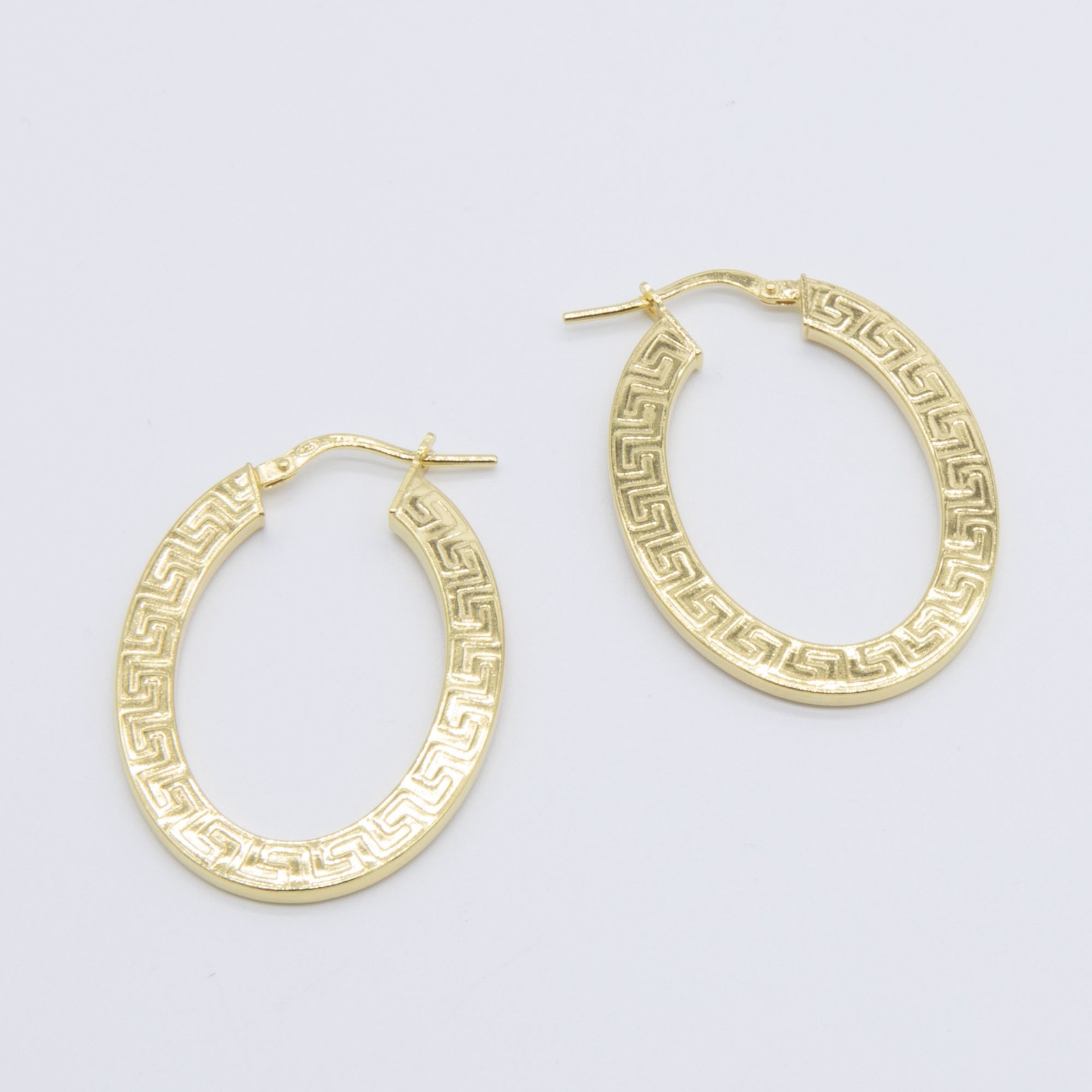 1 3/8″ Oval Greek Key Hoop Earrings 14K Yellow Gold-Plated Silver 925