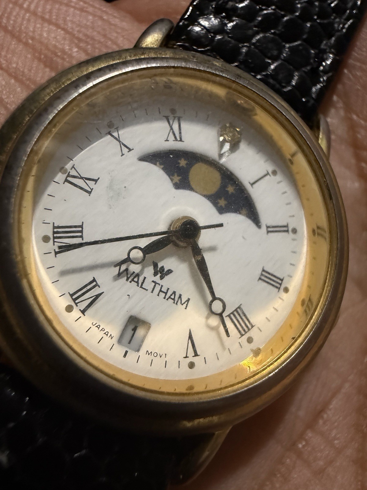 Waltham Quartz Analog Moon Phase Date White Roman Dial Gold-Tone Black Leather