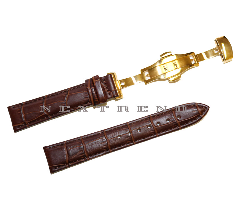 Brown Genuine Leather Watch Band+Push Button Butterfly Deployant Clasp Buckle