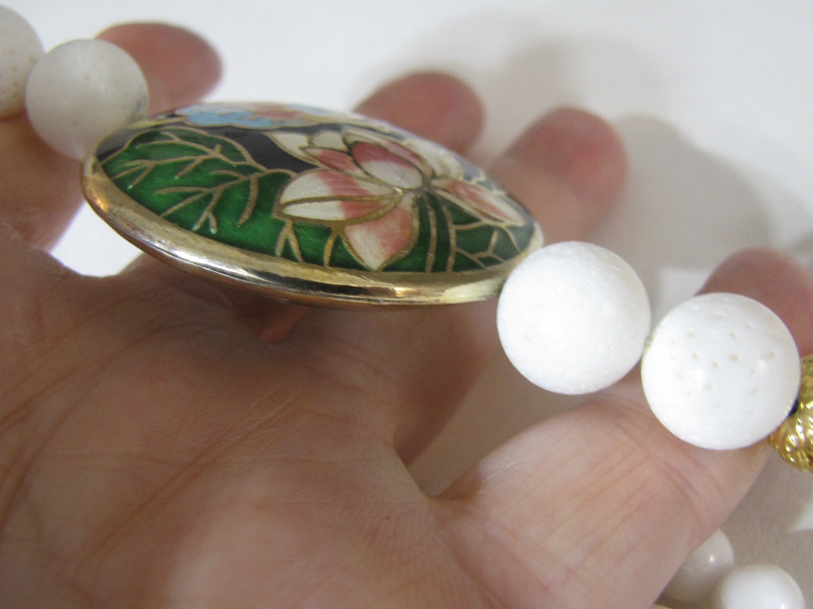 Vintage Cloisonné Butterfly Lotus Pendant Necklace White Sponge Coral Glass Bead