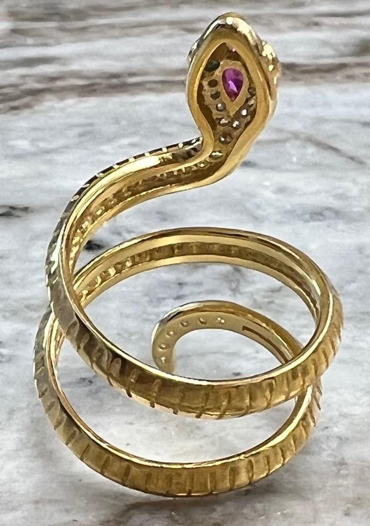 REAL Ruby Emerald Diamond Snake Ring 14K Y Gold on 925 wrap coiled Egyptian Rev