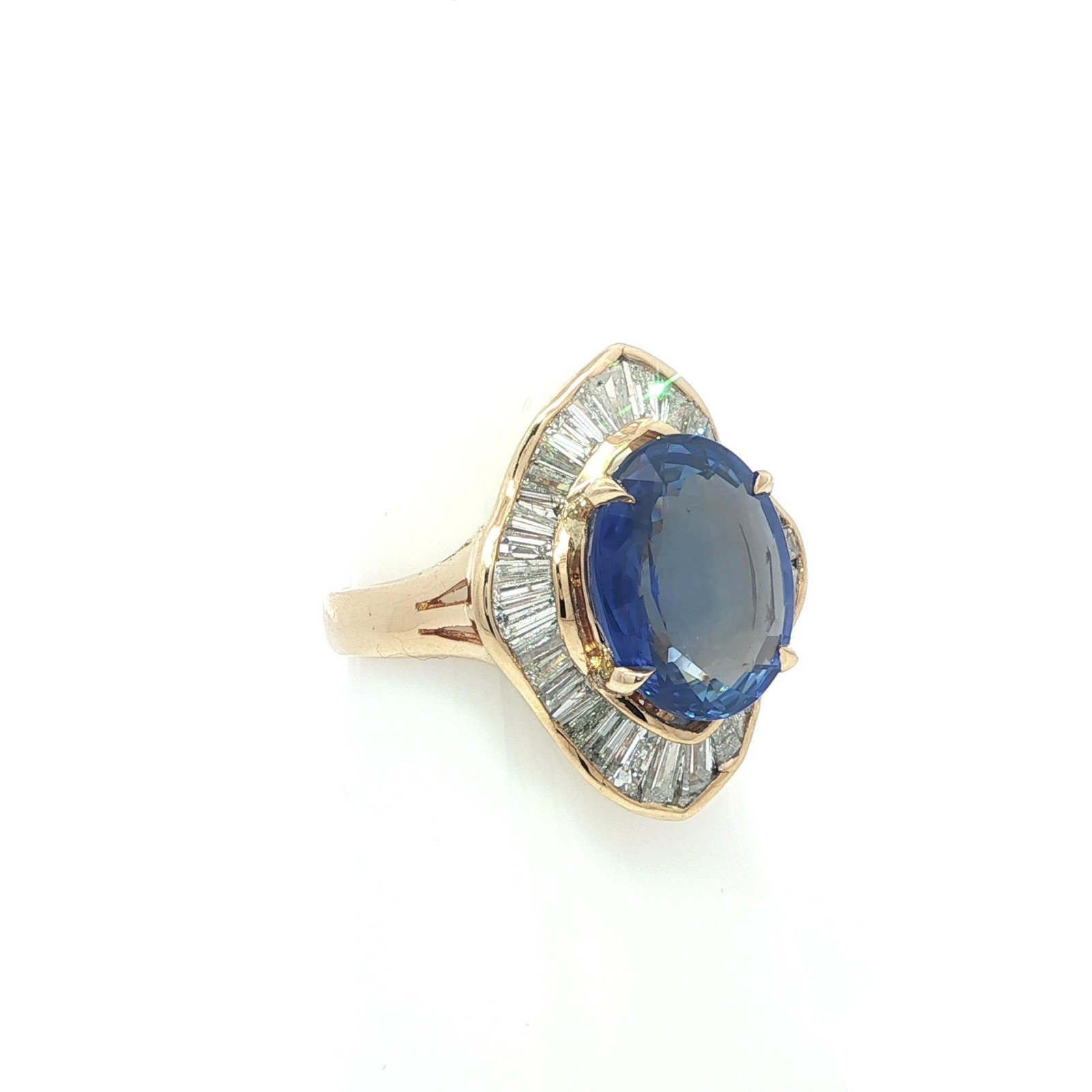 18k Yellow Gold 7.83ct GIA Large Oval Sapphire & Baguette Diamond Ballerina Ring