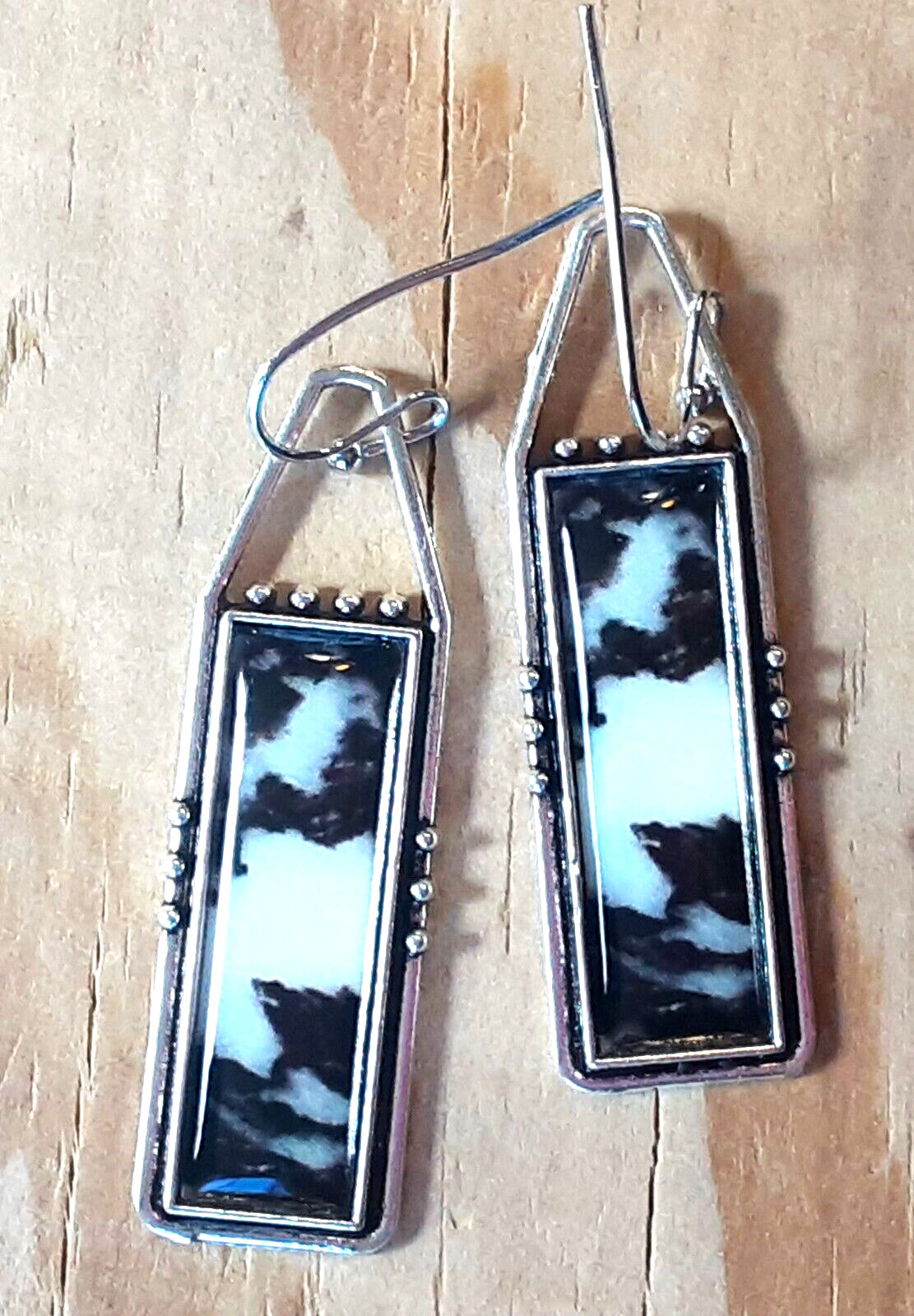 Black White Faux JASPER earring Silver Tone French Hook handcrafted XGET