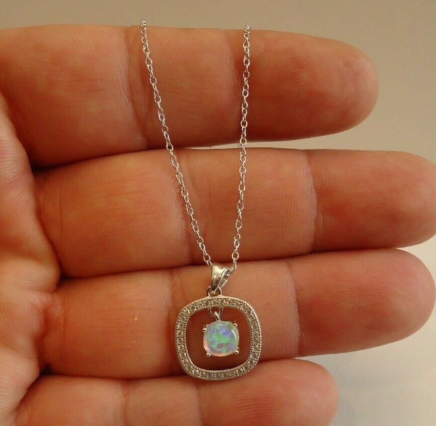 OPEN ROUND SQUARE NECKLACE PENDANT W/LAB ACCENTS & OPAL / 925 STERLING SILVER