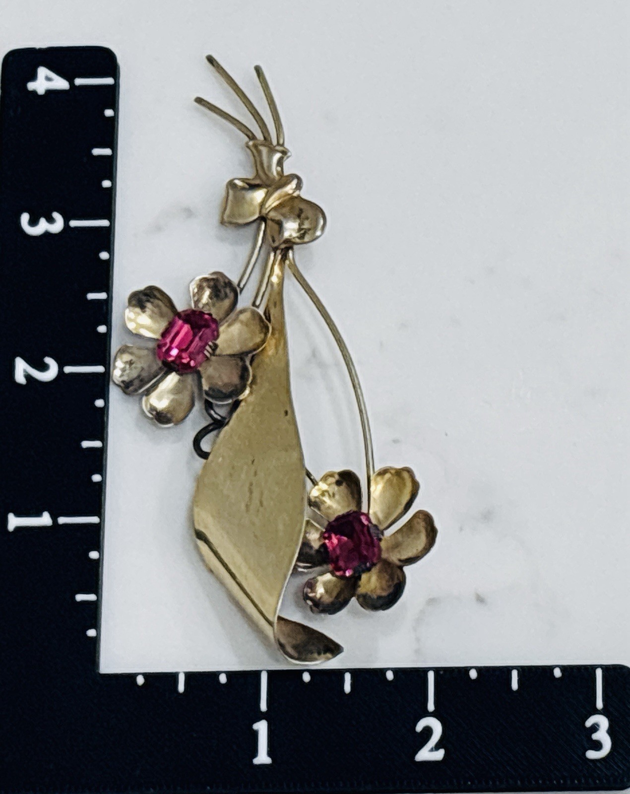 Vintage Sterling Silver Vermeil Floral Spray Brooch Pink Rhinestone Flower 1940s