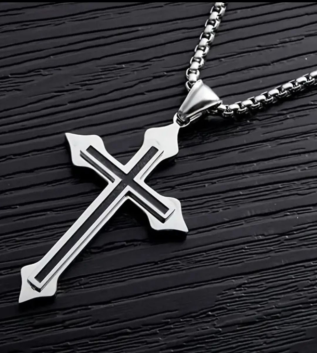 Men’s Stainless Steel Cross Pendant Necklace Silver Rope Chain 23.62in
