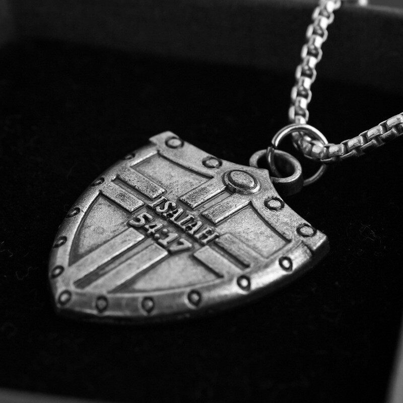 Mens Silver Bible Verse Isaiah Cross Shield Pendant Christian Necklace Chain 24″