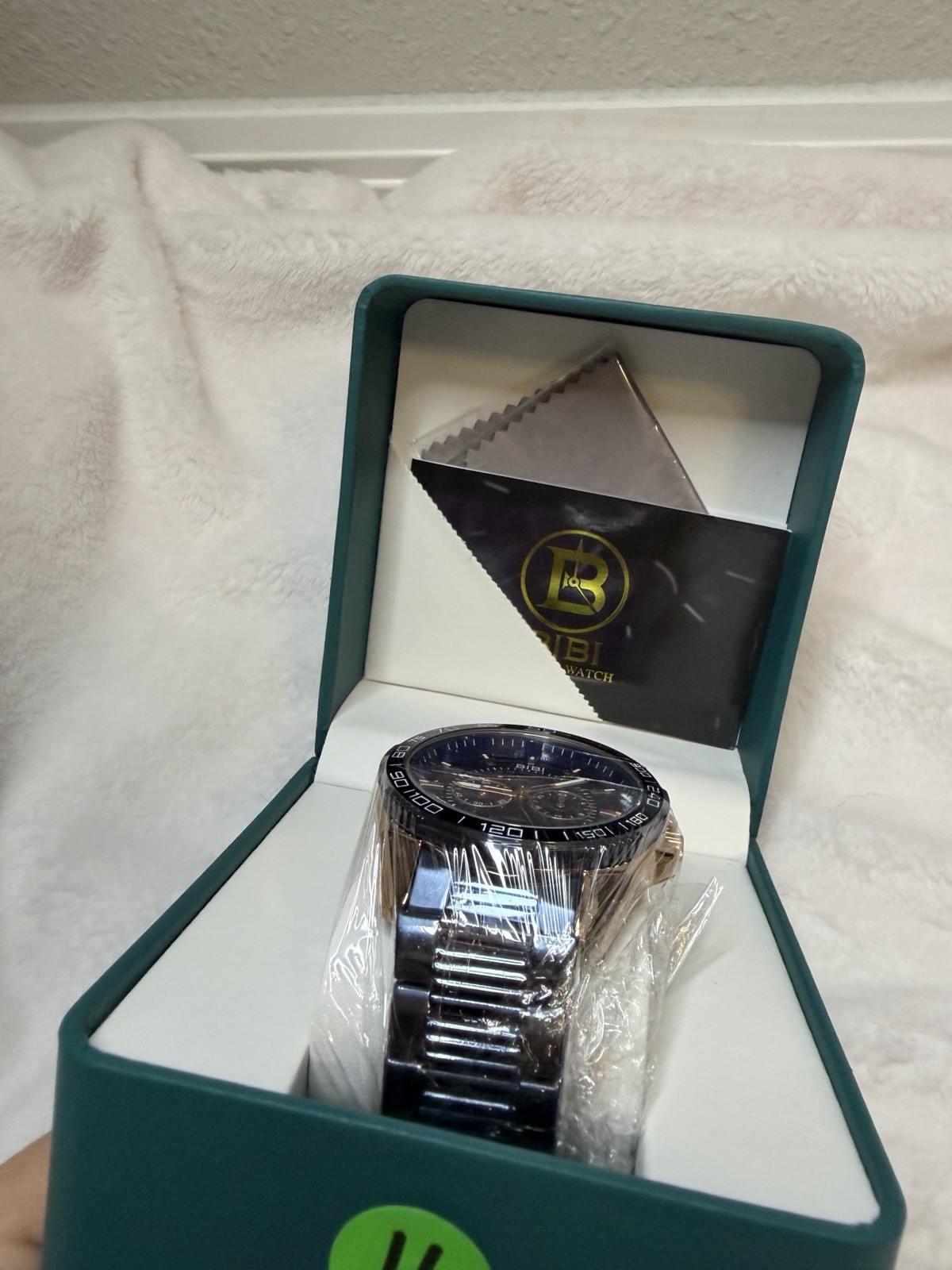 BIBI Blue Dial Chronograph Quartz Gold Blue Tone Metal Bracelet Tachymeter Box