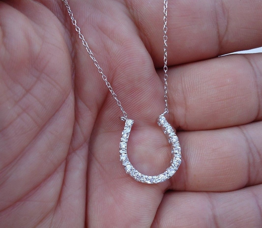 925 STERLING SILVER DESIGNERS “HORSE SHOE”NECKLACE PENDANT SIMULATED DIAMONDS