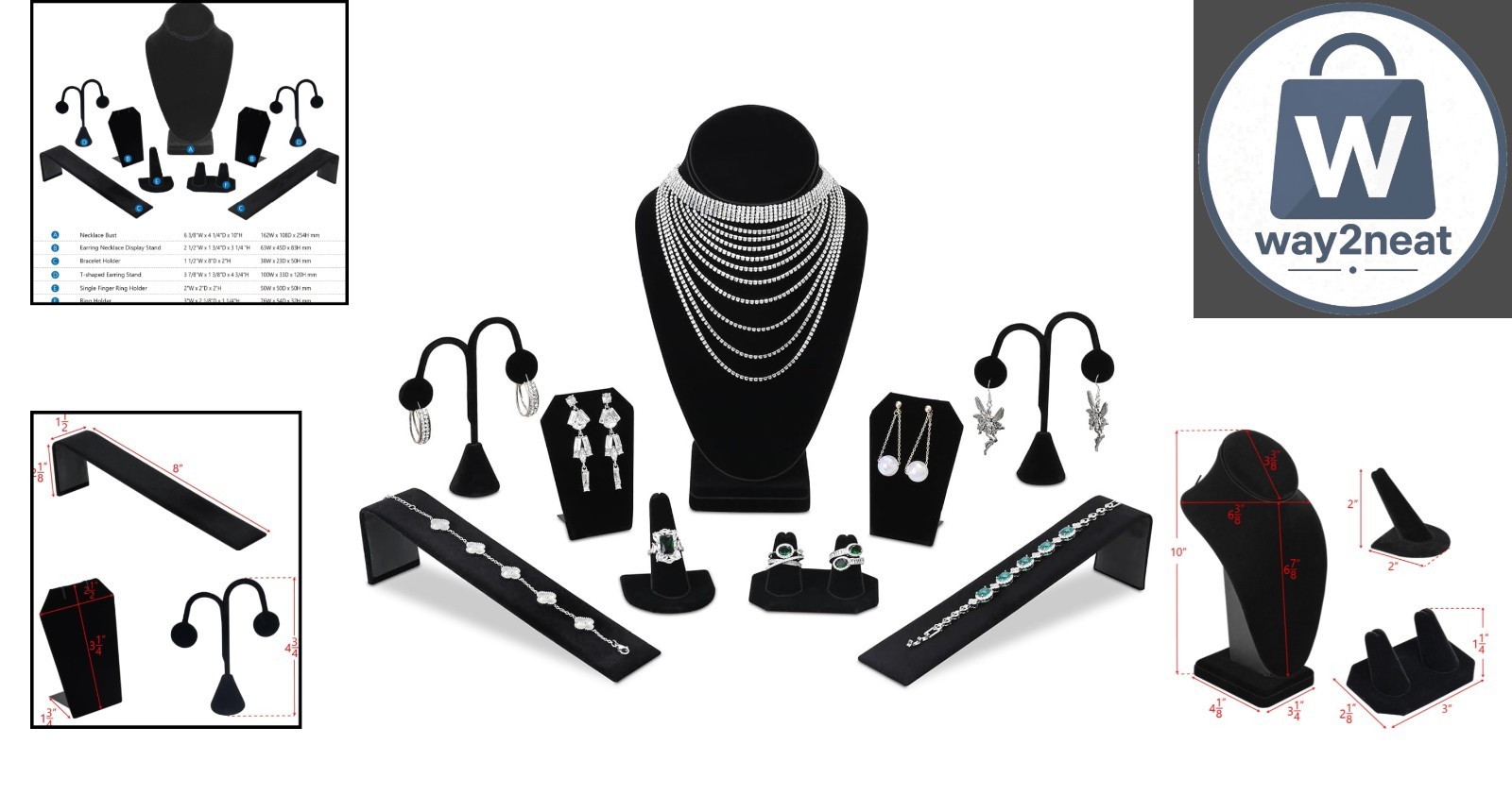 Multi-Functional Jewelry Display Set – 9 Pieces of Black Velvet Elegance