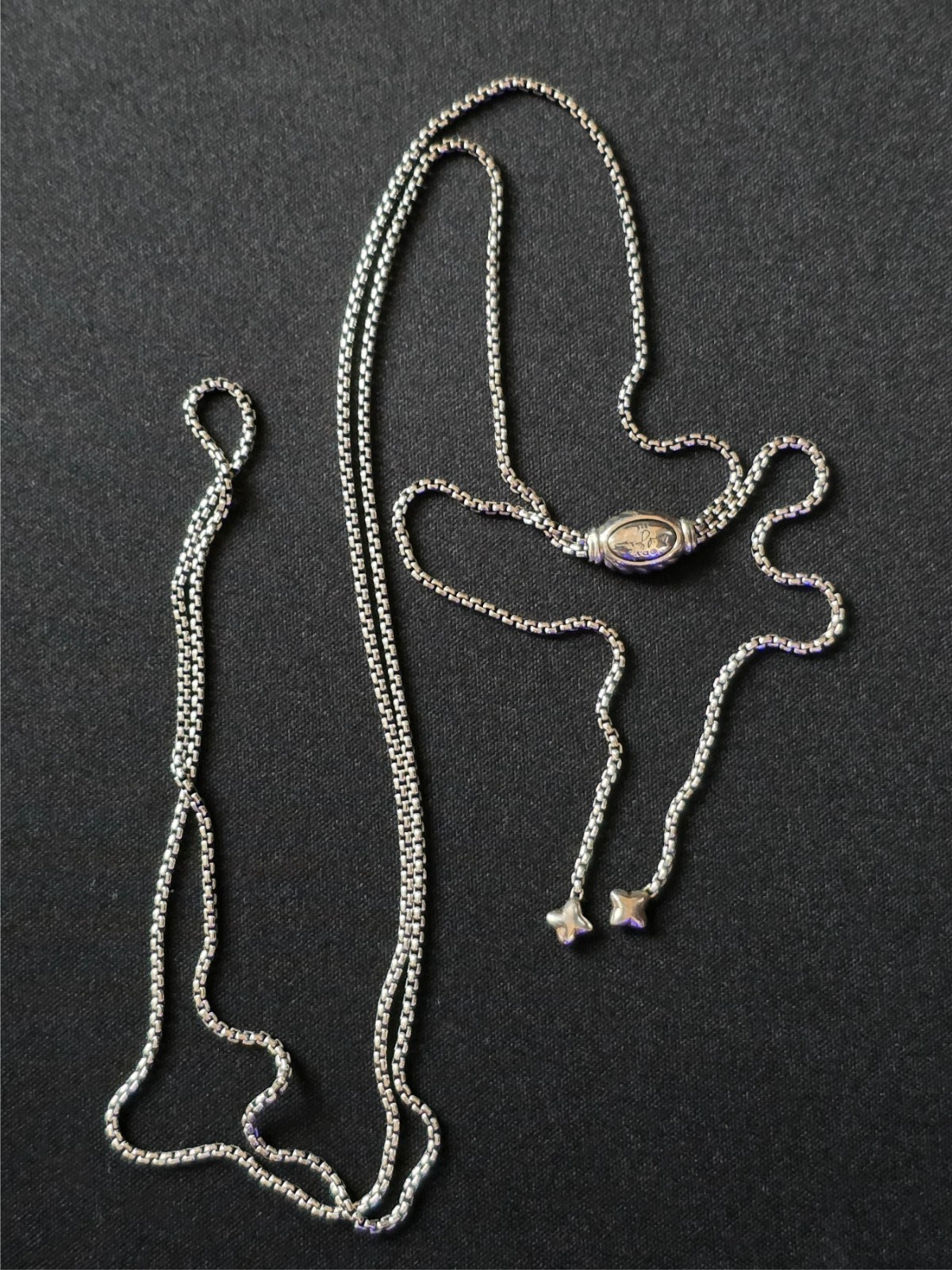 David Yurman Sterling Silver Adjustable Box Chain Slider Lariat Necklace