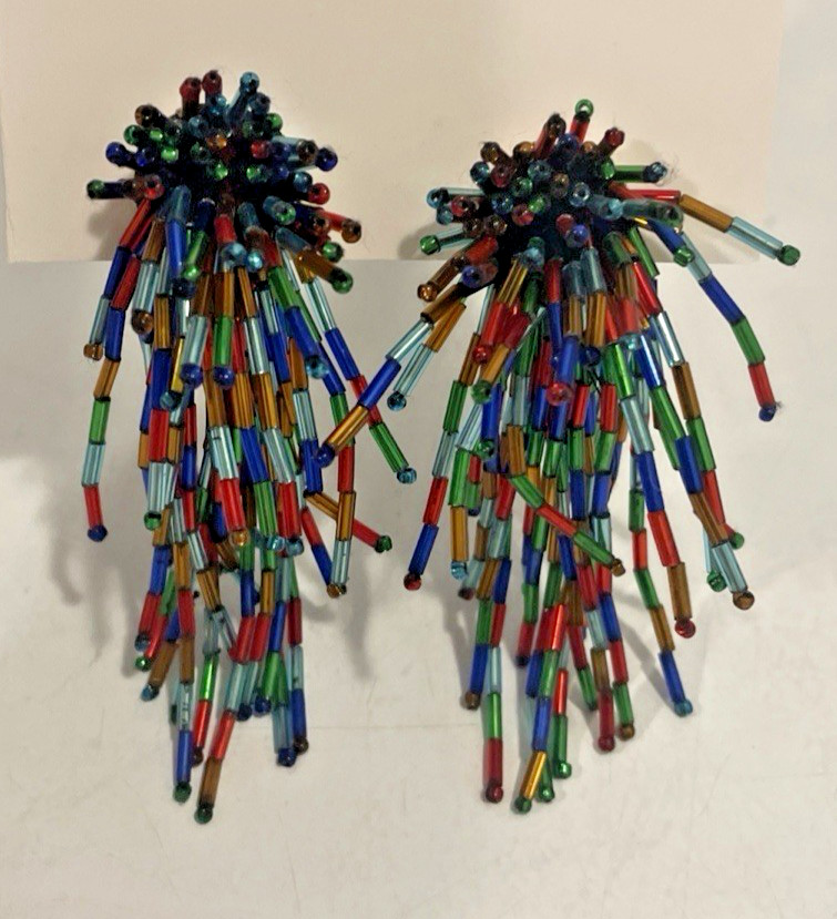 80’s Colorfull Seed Bead Cluster Dangle Earrings Fun Unique Artsy