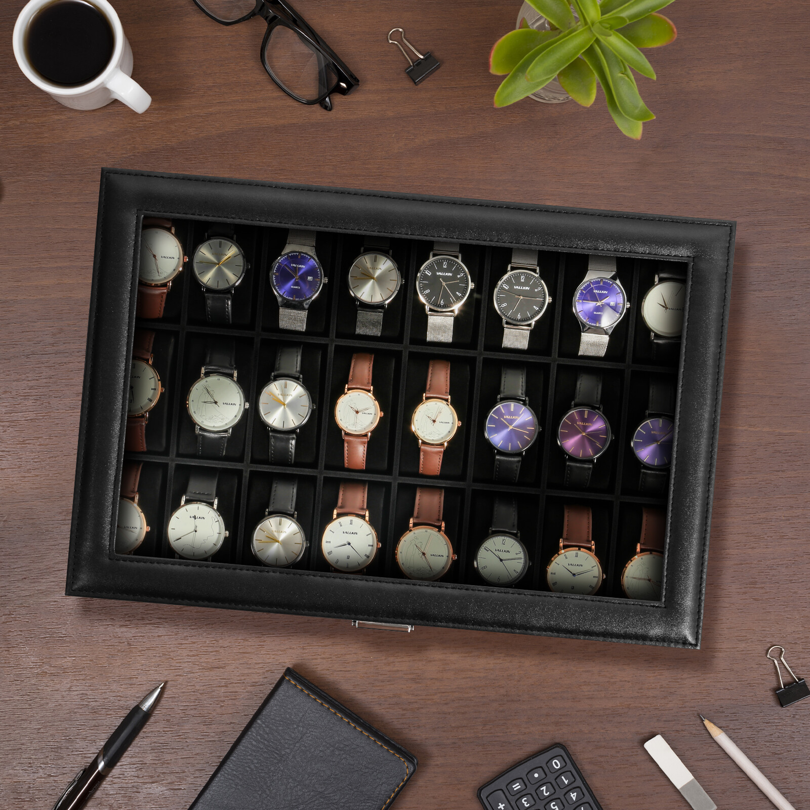 24 Slots PU Leather Watch Case Box Jewelry Organizer Display Case Lockable Gift
