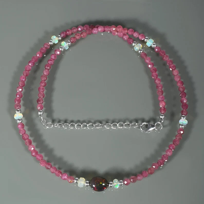 Natural Rainbow Fire Opal & Pink Tourmaline Handmade Beaded Chain Women Necklace