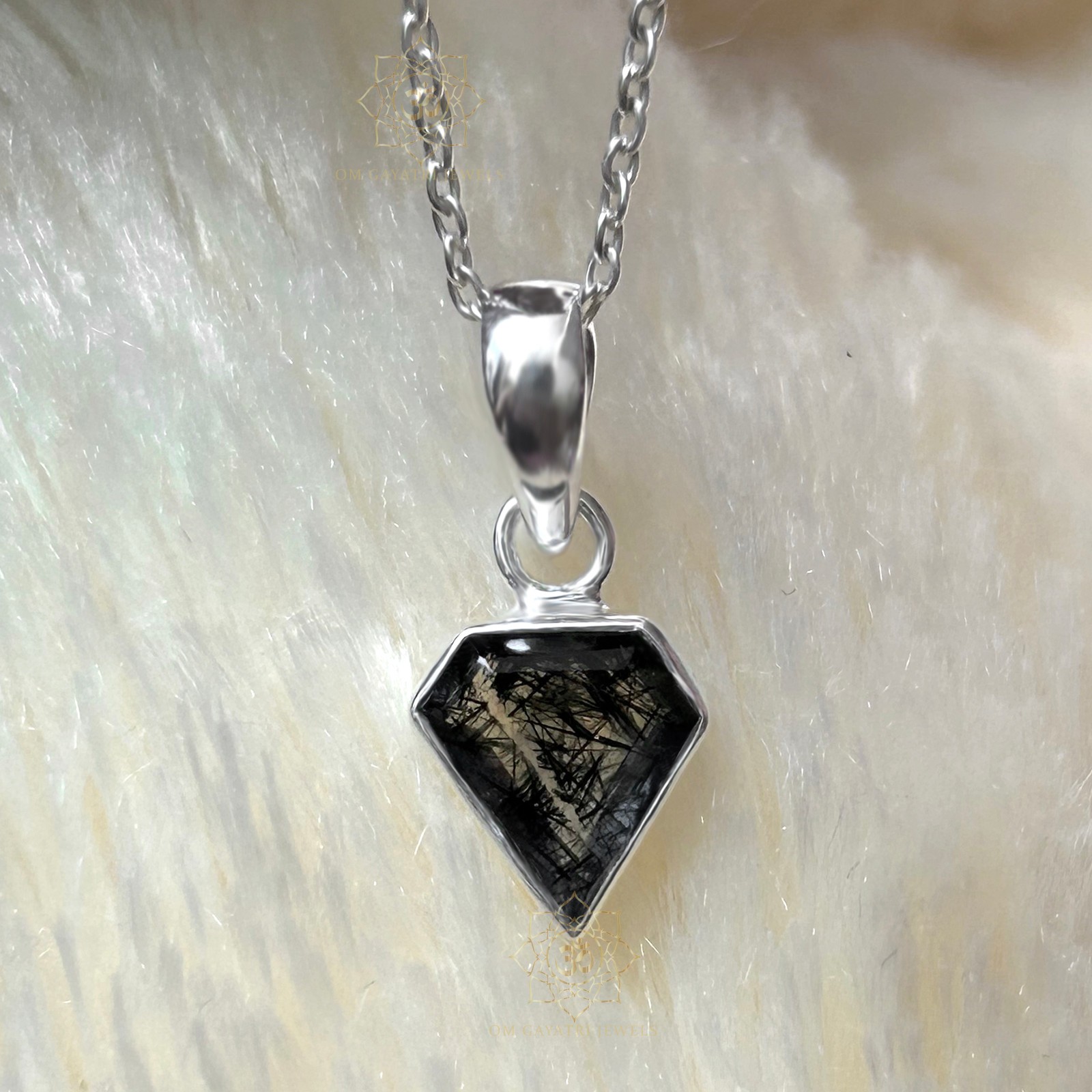 Pentagon Black Rutile Quartz Pendant Sterling Silver Handmade Jewelry 8mm