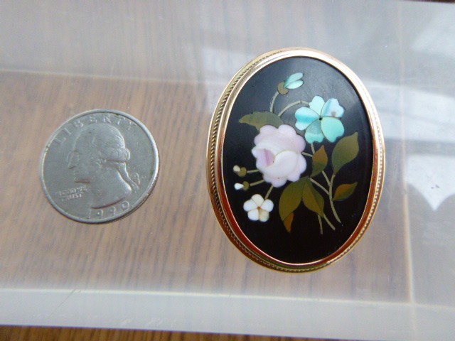 Antique Victorian PIETRA DURA Micro mosaic Pin PENDANT 12K Gold Flower Italy Box