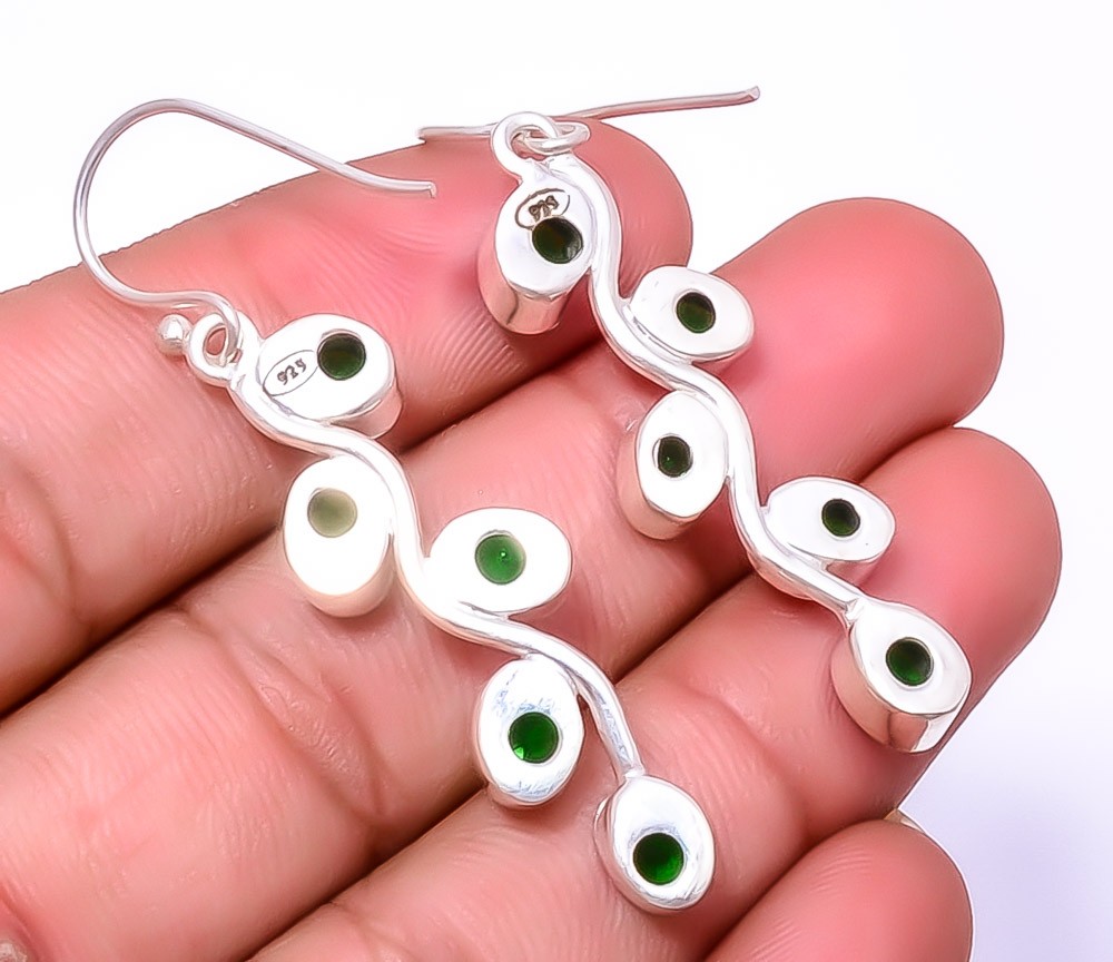 Emerald Quartz (Simulated) 925 Sterling Silver Handmade Earring 2.15″ A339
