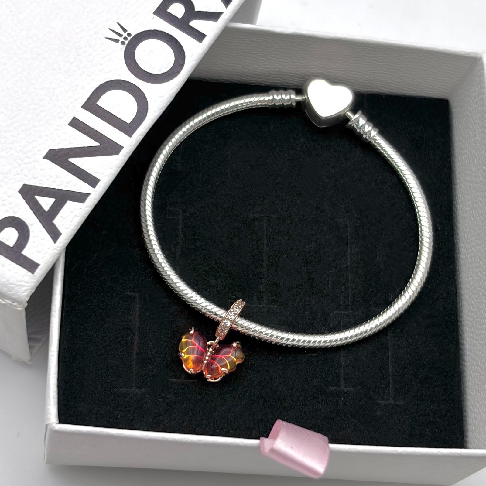 Pandora Pink and Yellow Murano Glass Butterfly Dangle 14K Rose Gold-Plated