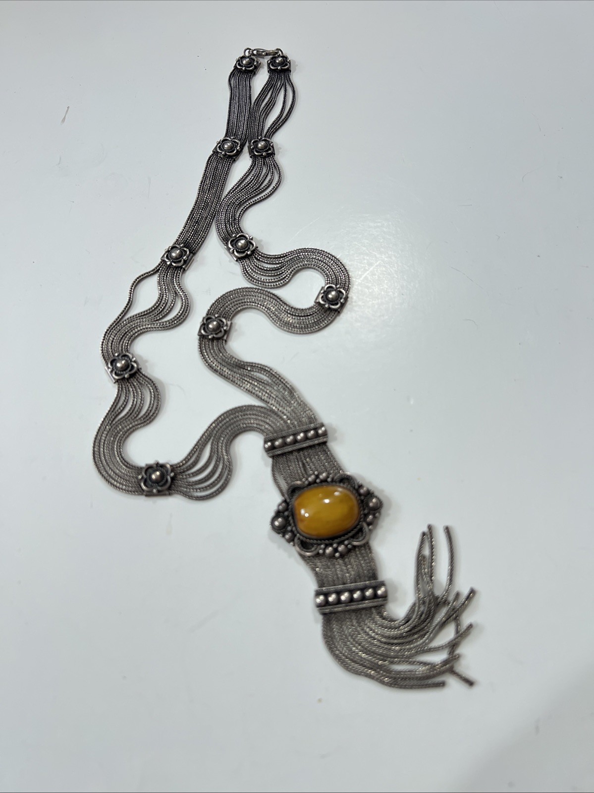 Sterling Silver 925 Honey Amber Multi Strand Foxtail Chain Tassel Necklace