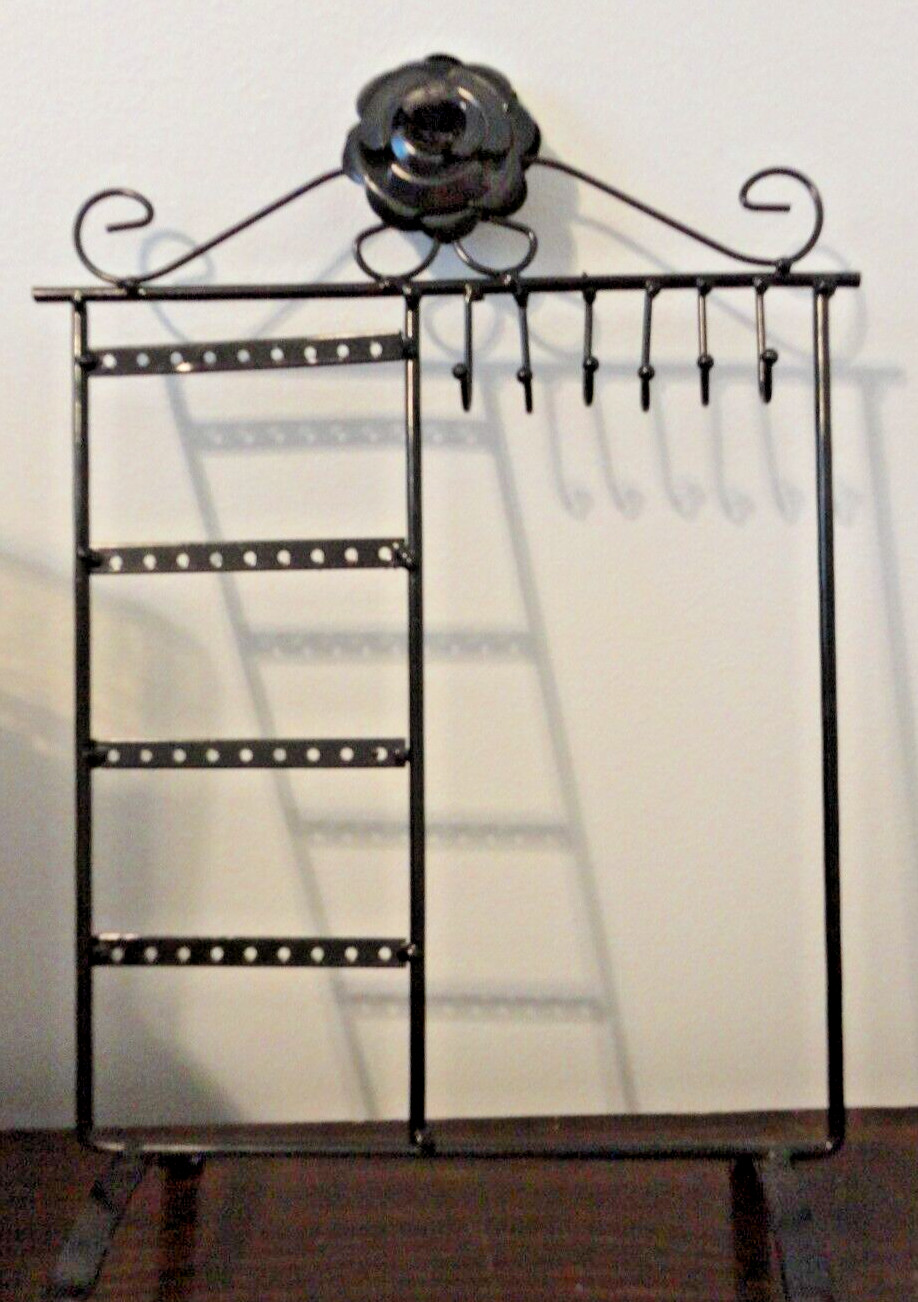 BLACK METAL DECORATIVE TABLE TOP JEWELRY NECKLACE EARRINGS PIN HOLDING STAND 14″