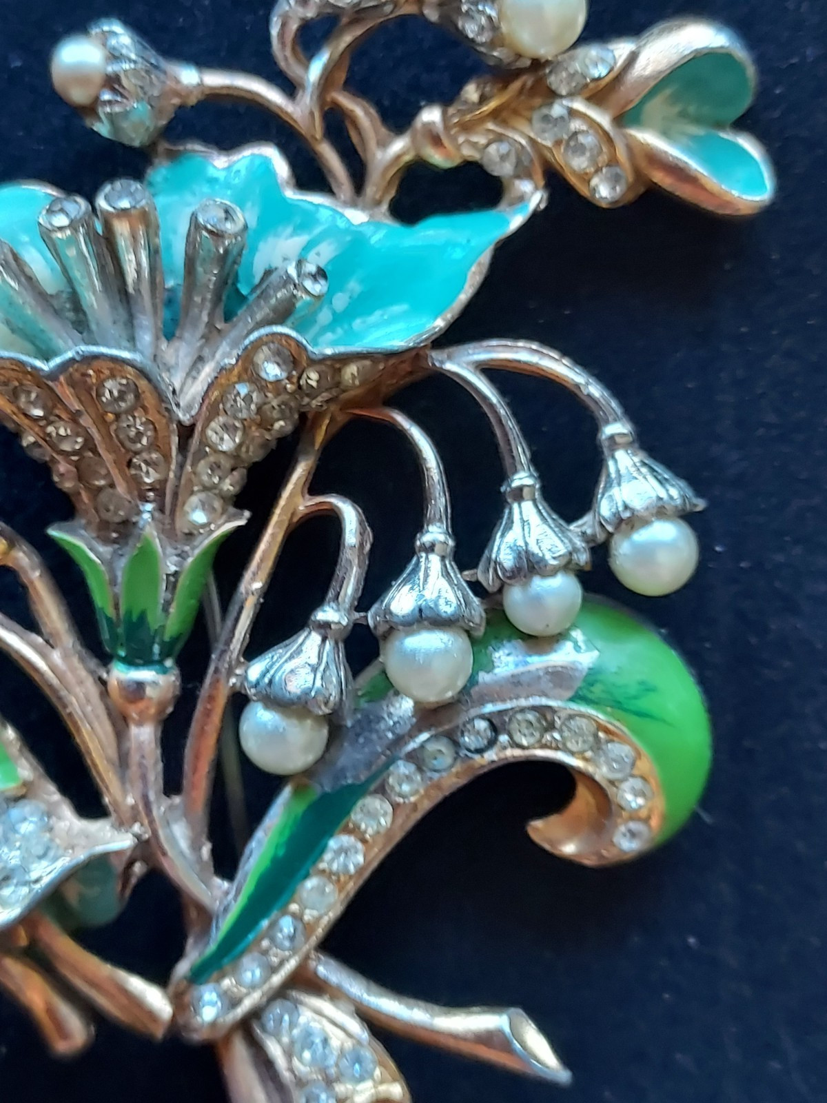 Vintage Blue Green Enamel Rhinestone Pearl Flower Brooch Pin “B” Boucher?