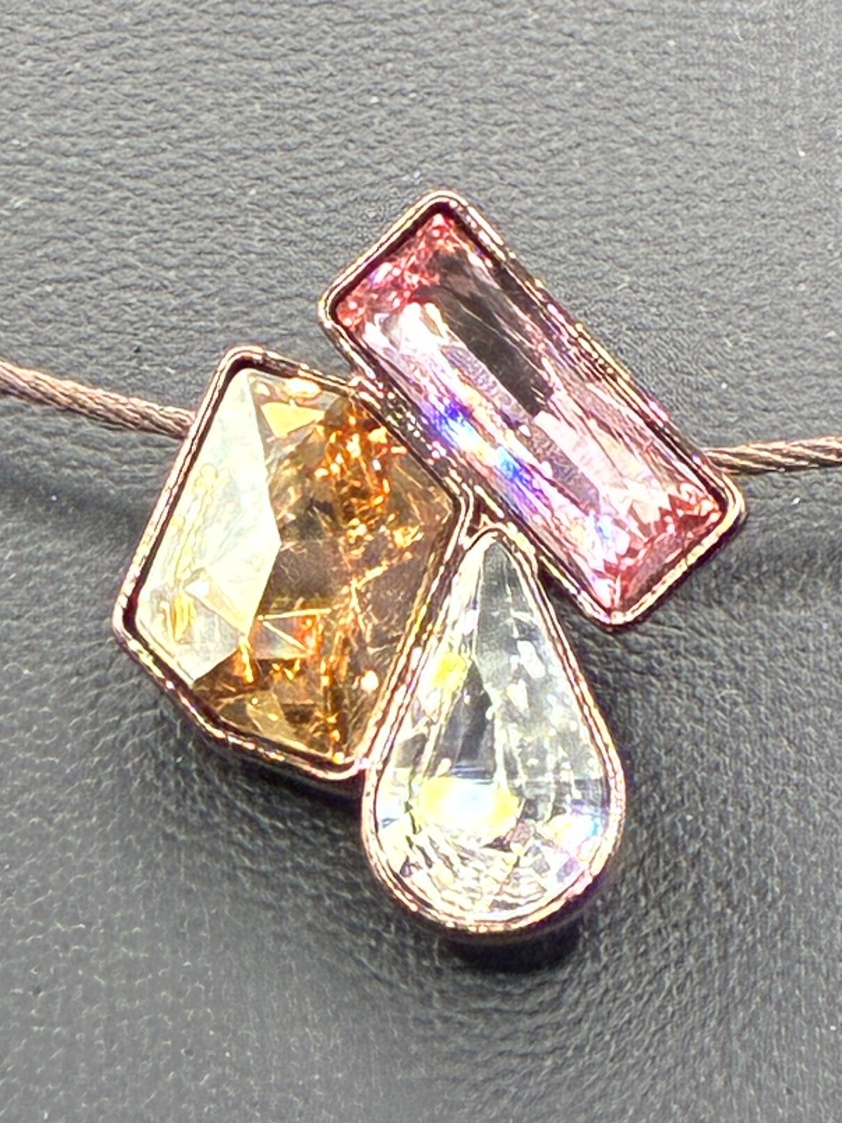 Touchstone Three Color Crystal Slide Pendant on Brown Rhodium Plated Cord