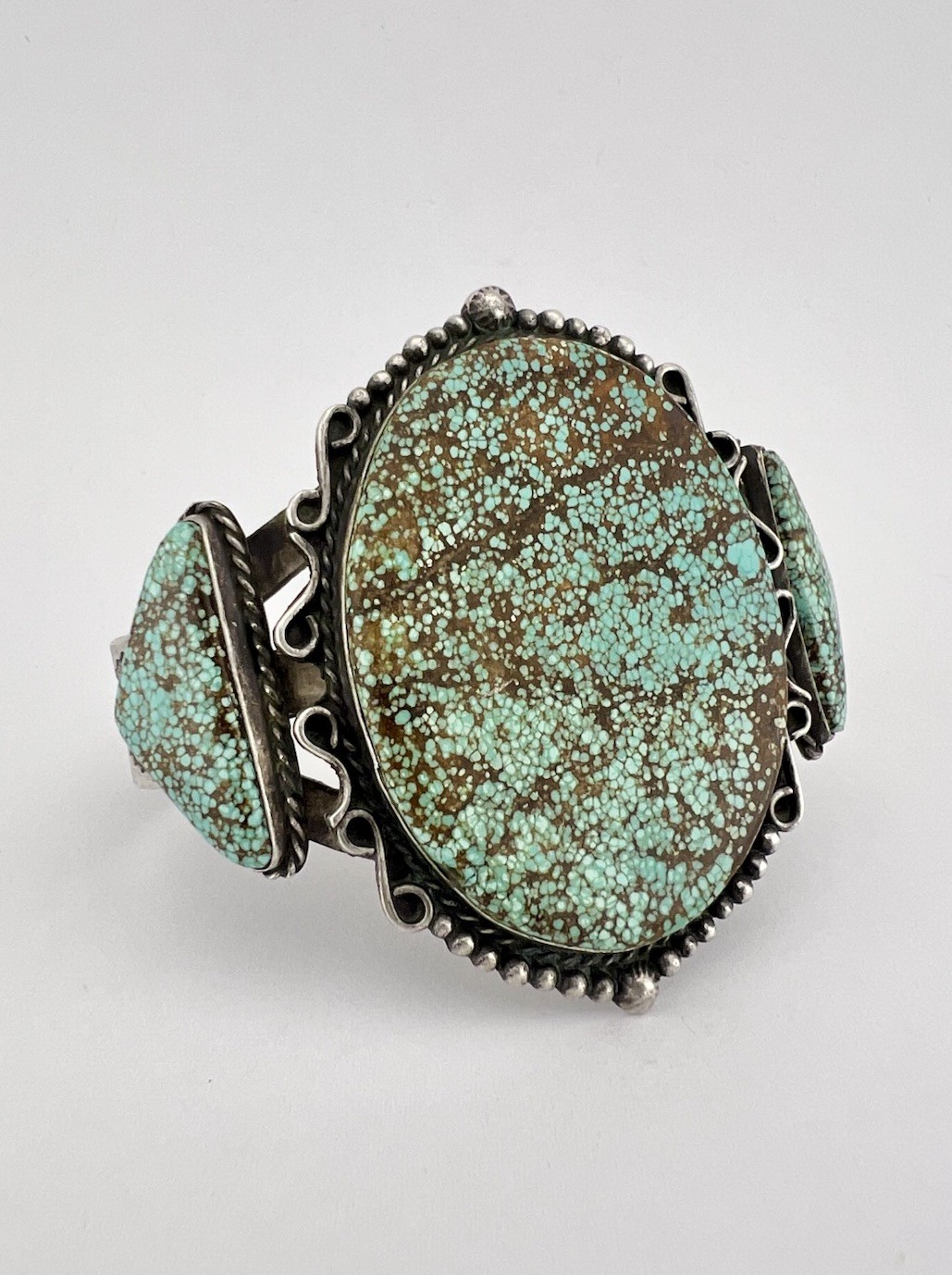 Fred Harvey Navajo Sterling Silver Spiderweb #8 Turquoise Stamped Cuff Bracelet