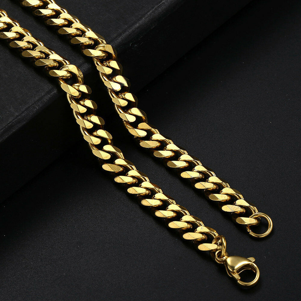 14K Gold Plated Stainless Steel Cuban Curb Chain Necklace Bracelet 3/5/7/9/11mm