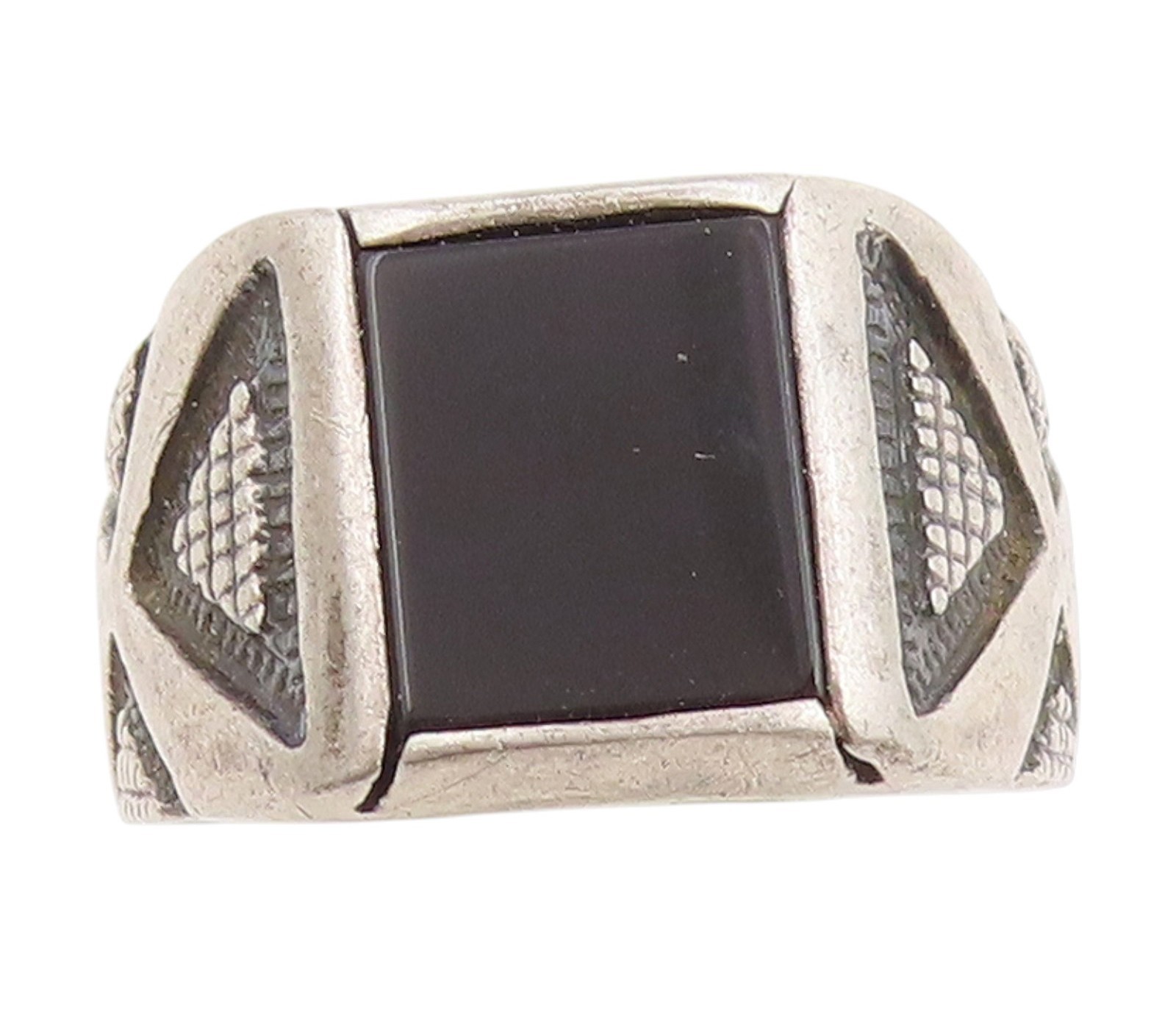 925 Sterling Silver Vintage Ring Onyx Etched Geometric Band Sz 11.5 RG34001