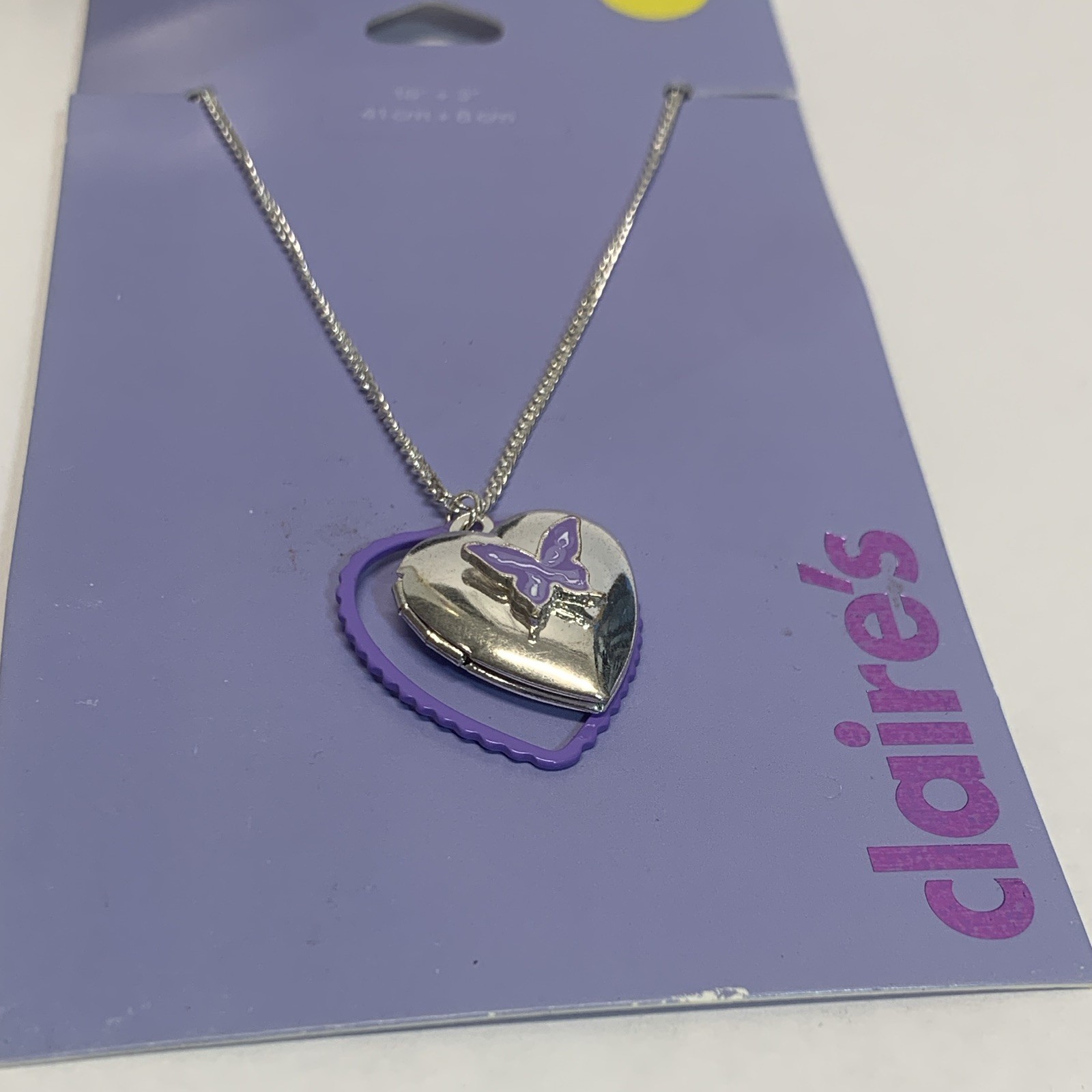 Claire’s Silver Tone Heart Locket Necklace Purple Crystal Butterfly 16 in