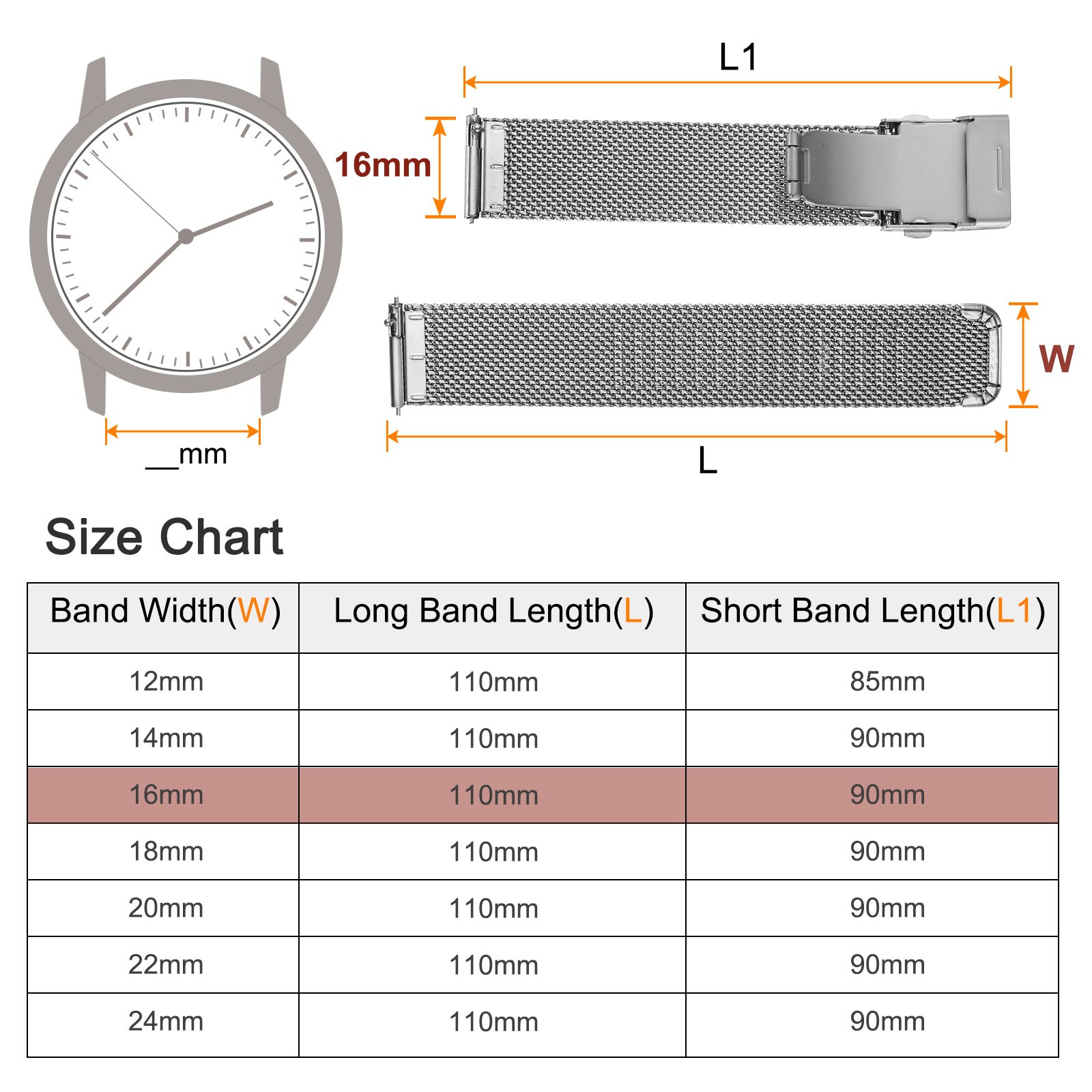 Stainless Steel Mesh Watch Band 16mm Quick Release Watch Strap Silver Tone