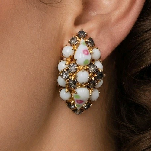 Vintage 1950s Milk Glass Rose Art Rhinestone Silver Tone Clip on Earrings 50-60s