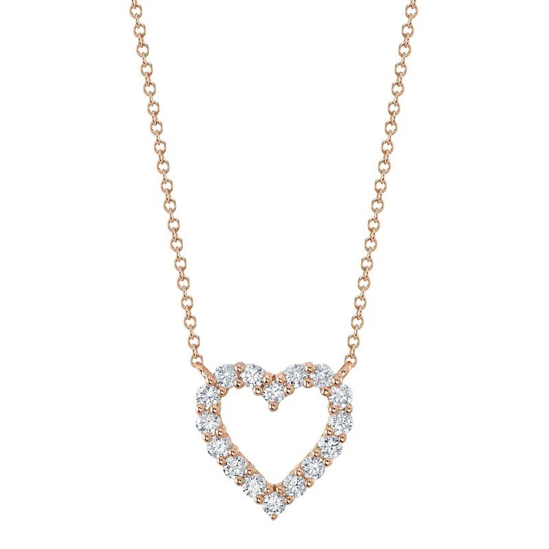 14K Yellow Gold Diamond Open Heart Pendant Necklace Round Pave Necklace Womens