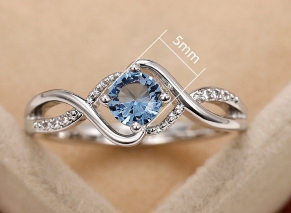 Silver-Plated Copper Blue Round CZ White/Colorless Inlay Ring Size 7