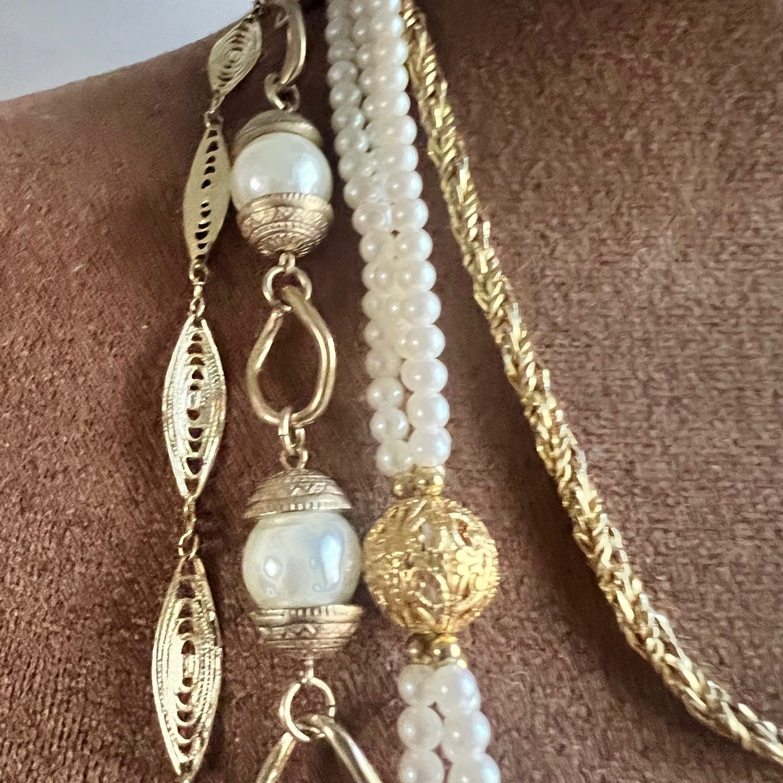 Vintage Multi Strand Faux Pearl Gold Tone Layered Necklace 18-40in Set of 4