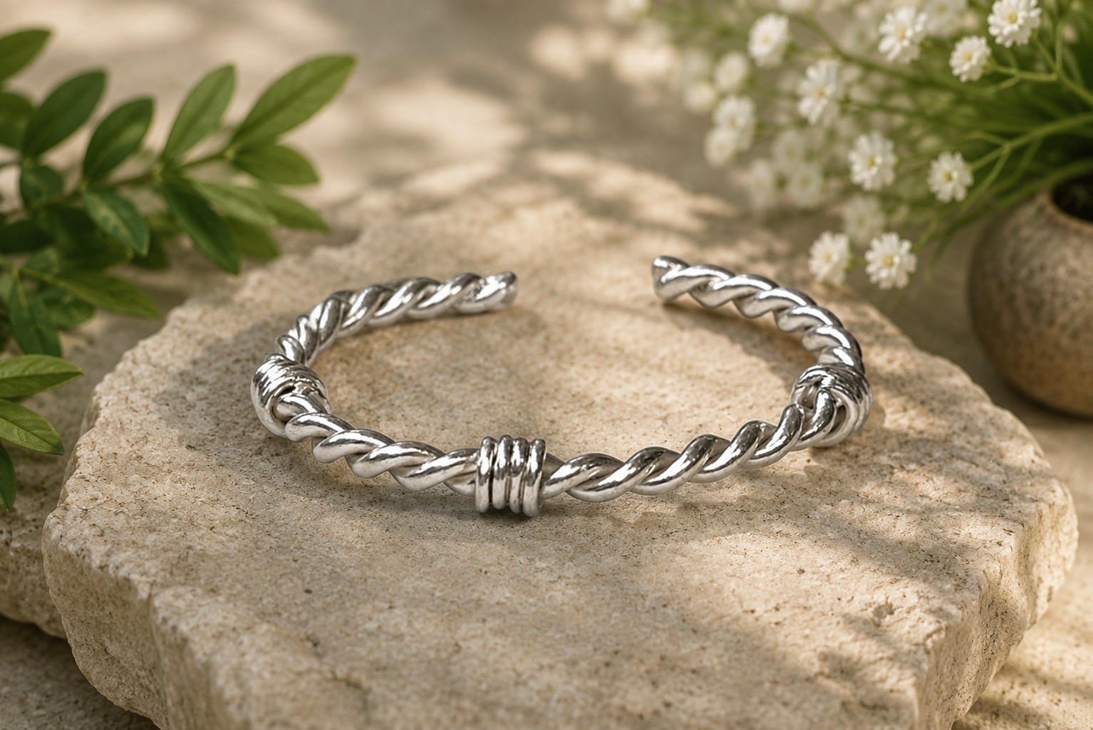 Silver Twisted Rope Cuff Bracelet, Minimalist Open Bangle, Boho Braided Jewelry