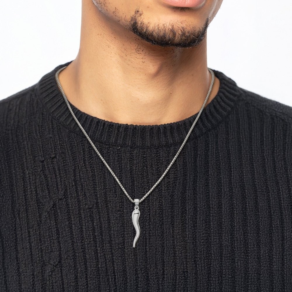 10K White Gold Extra Large Cornicello Italian Horn Pendant Necklace 42mm 1-5/8