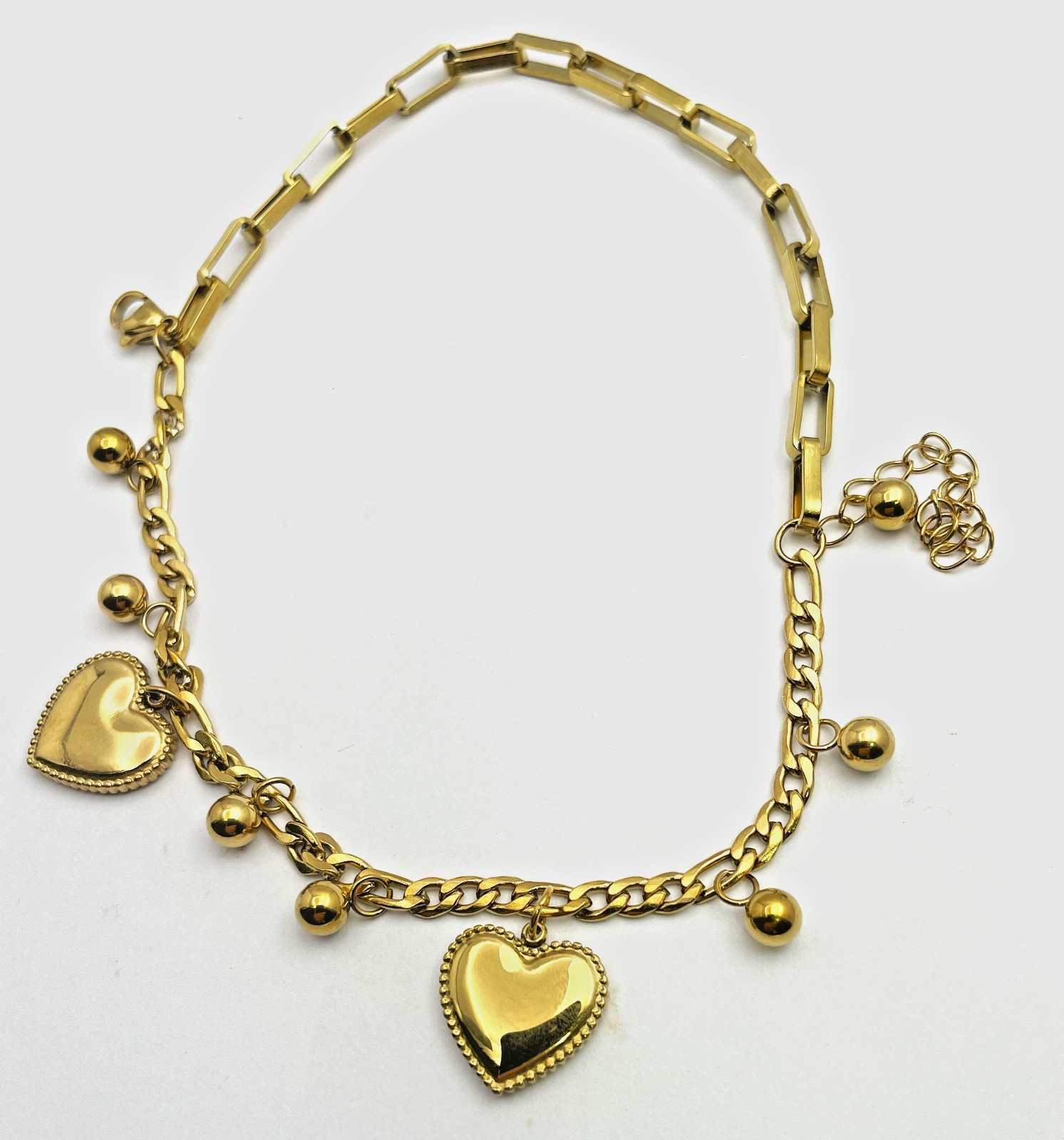 Gold Tone Heart Charm Chain Bracelet Stainless Steel PVD Adjustable
