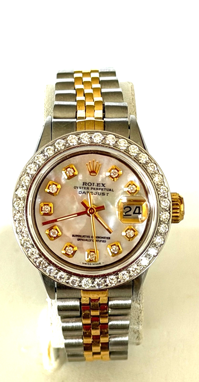 ROLEX LADIES WATCH DATEJUST TWO TONE 18K. GOLD MOP DIAMOND DIAL & DIAMOND BEZEL