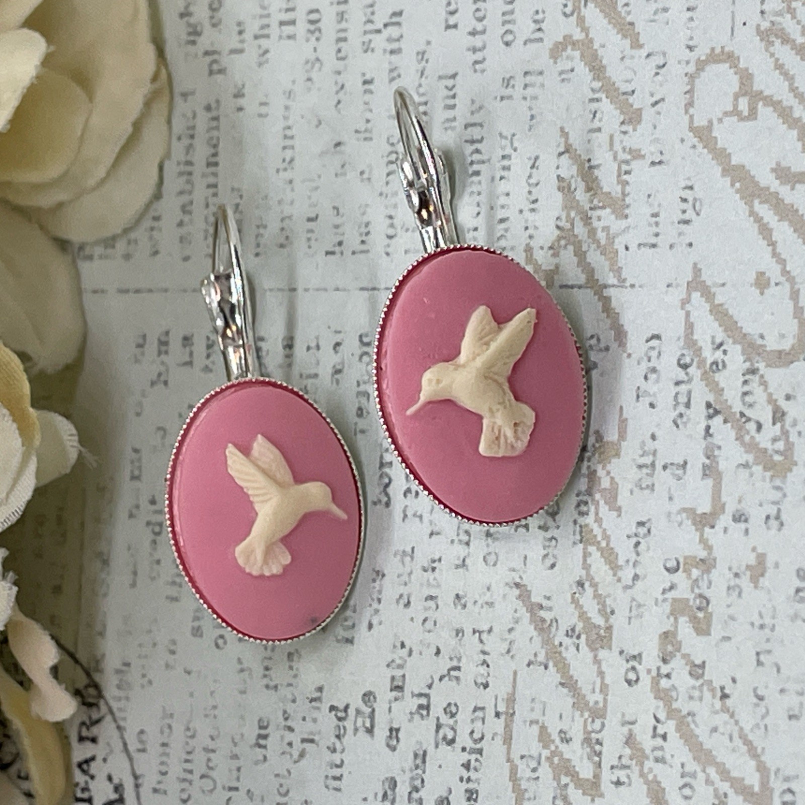 Pink White Hummingbird Silver Boutique French Wire Cameo Earrings Wedding Mom