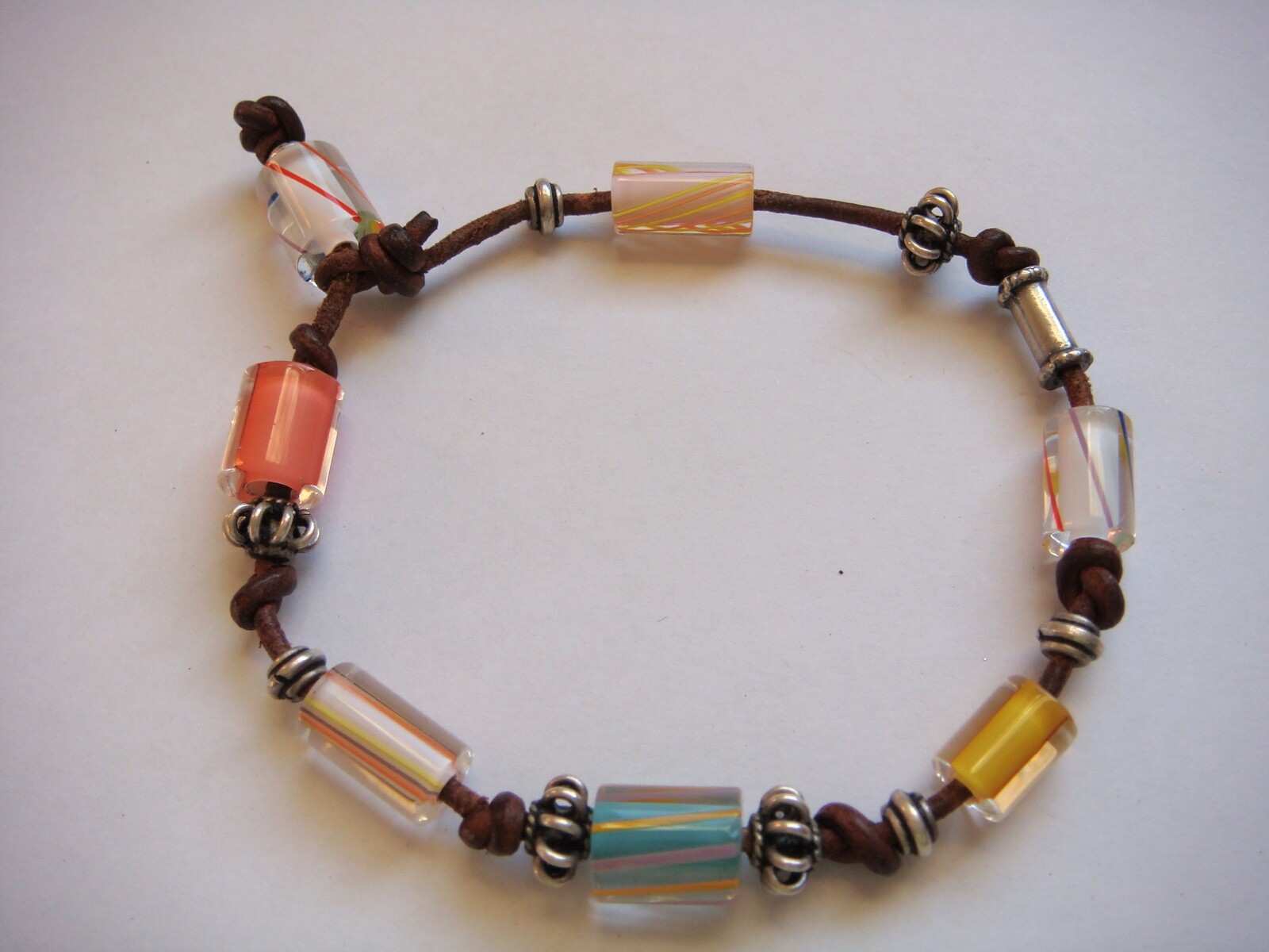 COSTUME MULTI COLOR STRIPED GLASS BEAD BRACELET BROWN LEATHER CORD ESTATE