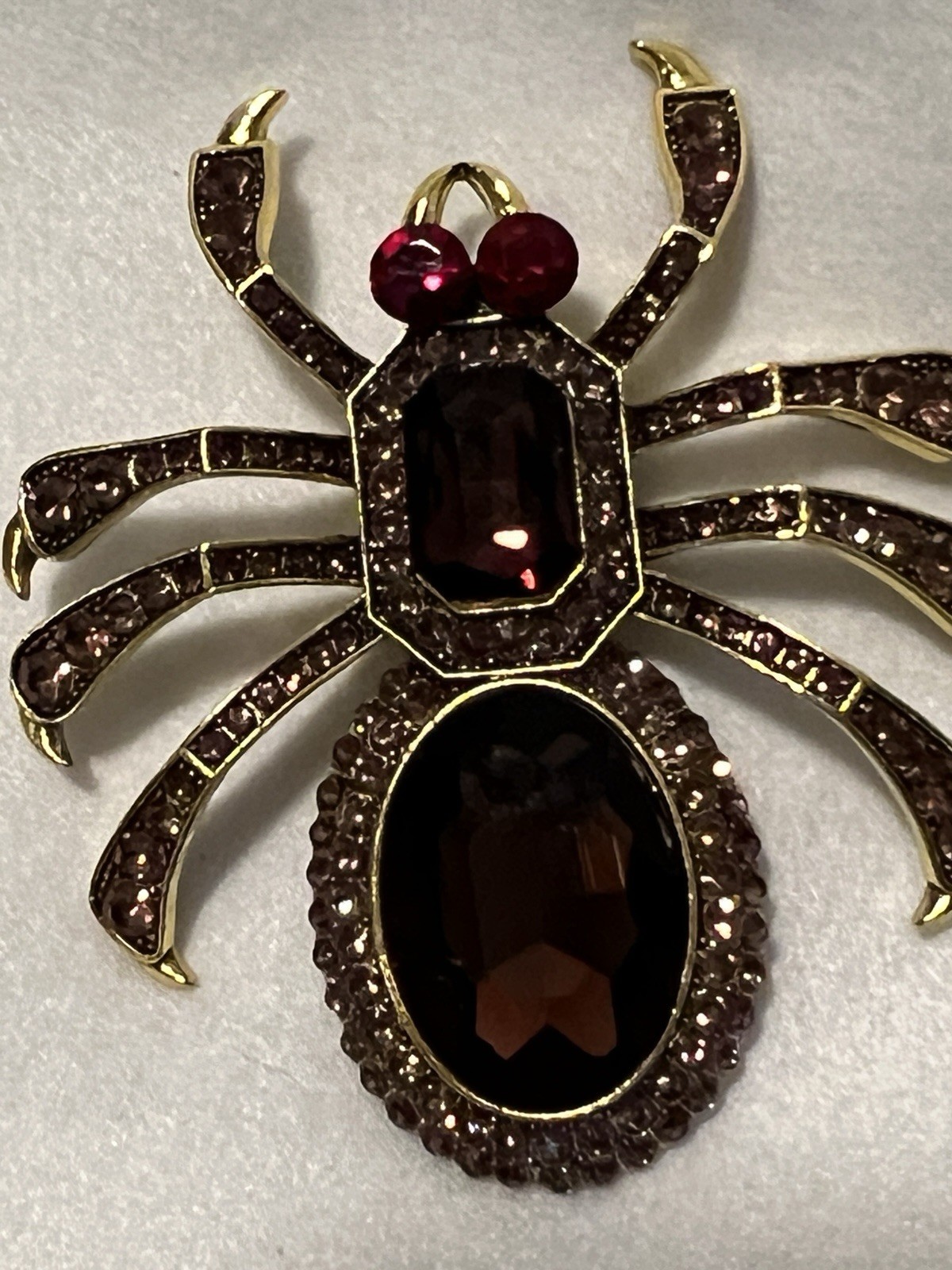 Spider Brooch Gold Tone Metal Red Burgundy