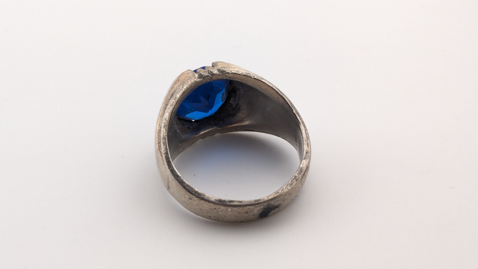 Vintage Sterling Silver Ring Deep Blue Stone Mens Signet C&C Size 9.25-9.5 READ