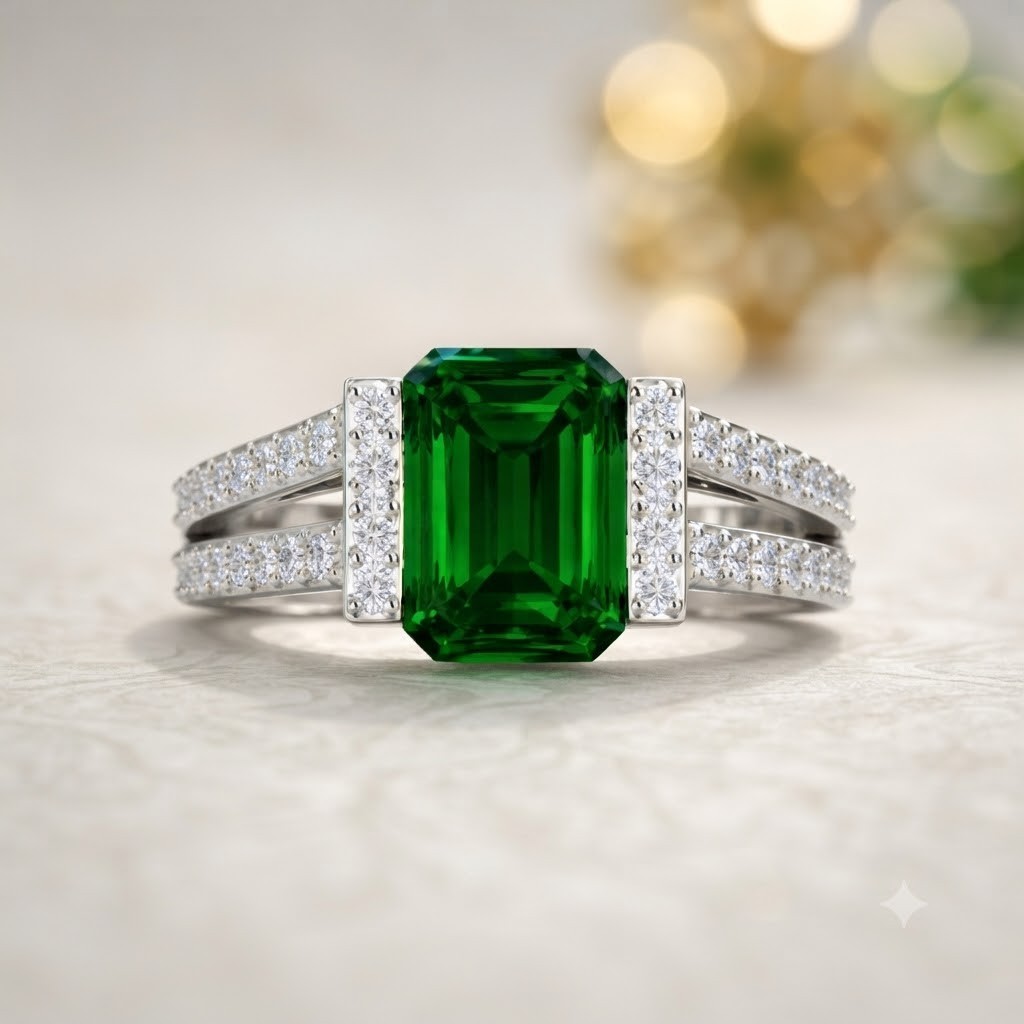 4.80 Ct Natural Emerald And Diamond Wedding Bridal Ring 14K White Gold Size 5