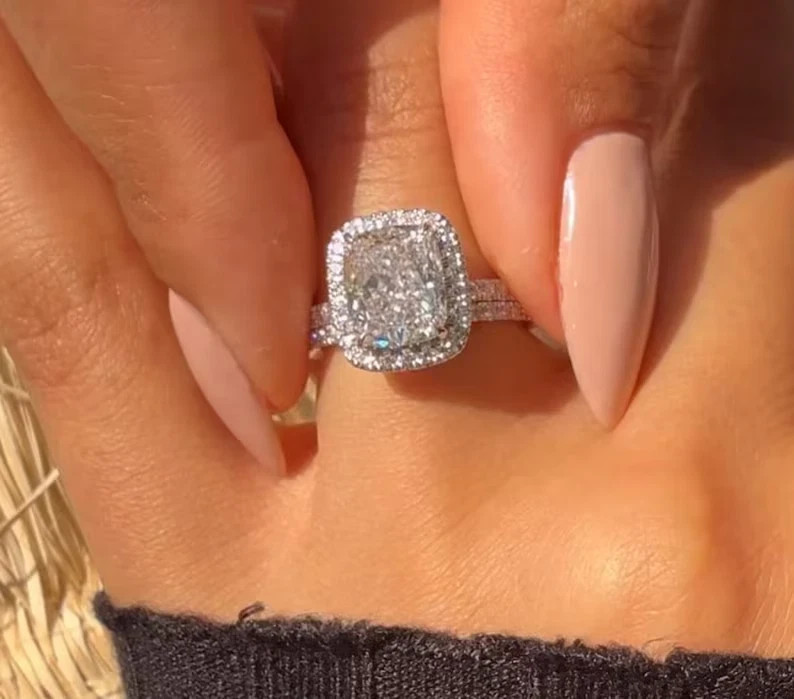 2.80 Ct Cushion-Cut VS1 Lab Grown Diamond Halo Bridal Wedding Set 14K White Gold